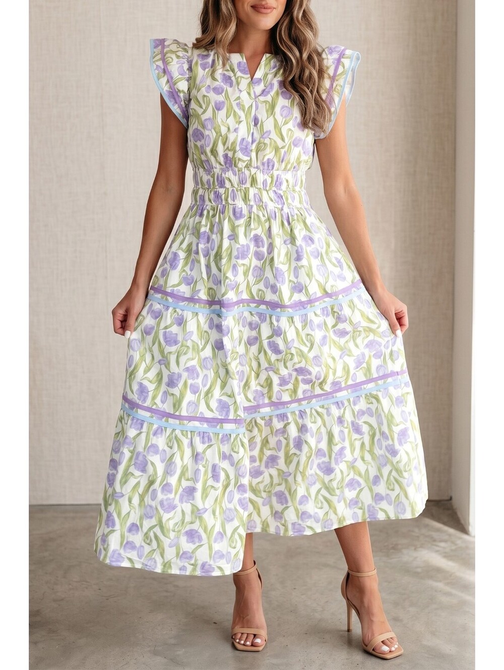 Floral Midi Dress with Ruffle Sleeves and Elastic Waist